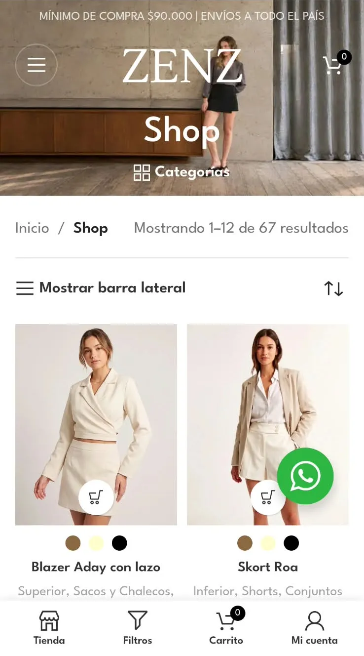 Tienda online de Zenz en el celular